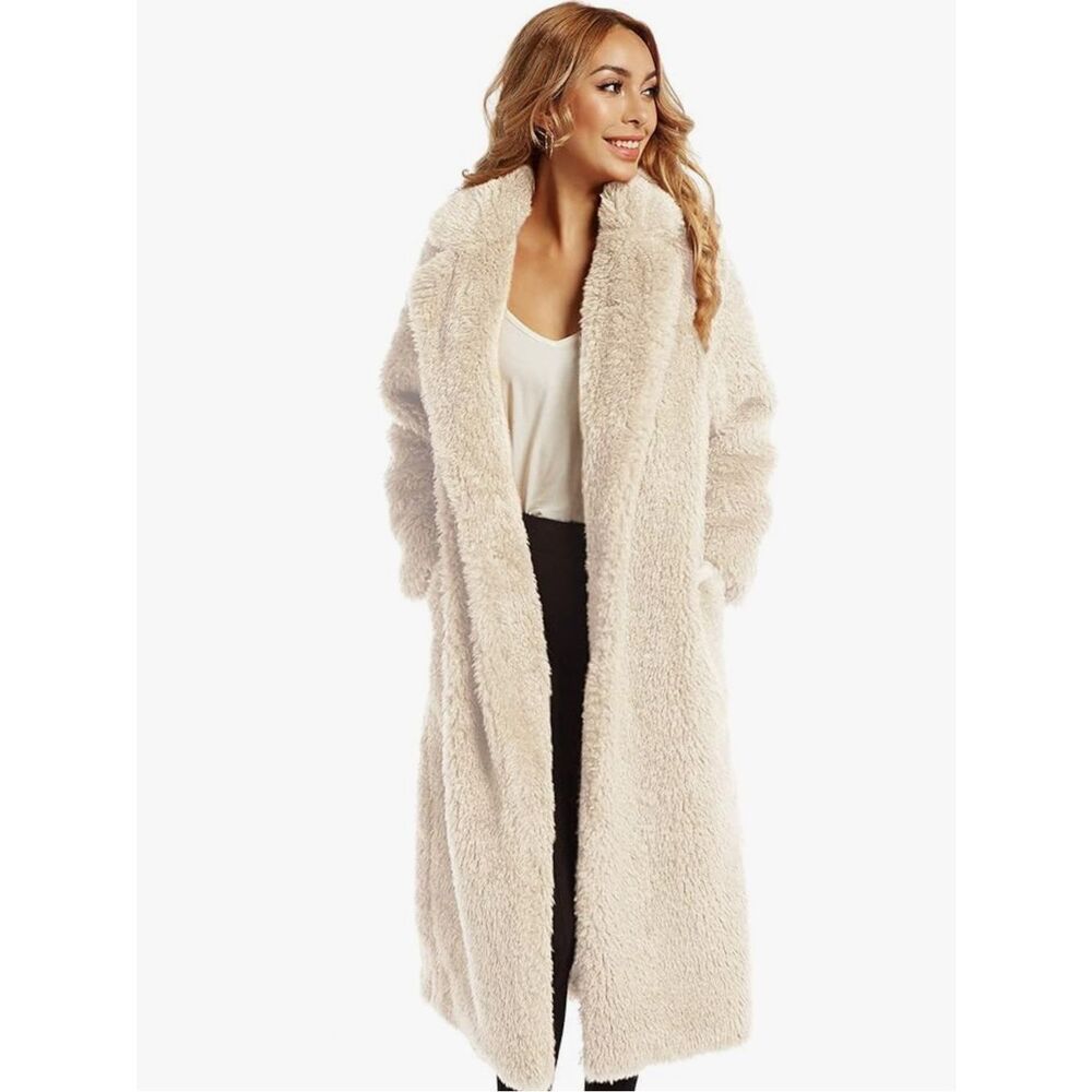 Cozy Long Faux-Shearling Coat in Cream